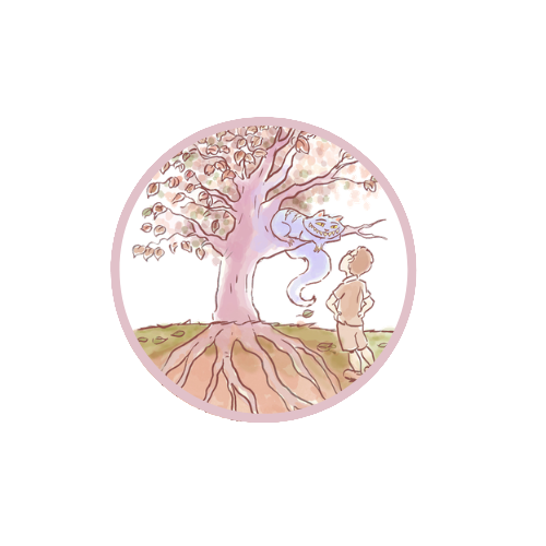 Ilustração da Corposofia®: menino contemplando uma árvore de raízes profundas
